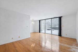 Empty room with floor to ceiling windows, light wood finished floors, and hanging lights