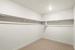 Walk in closet with light carpet