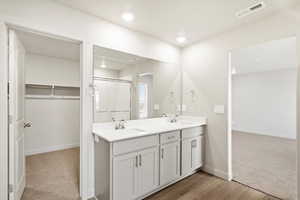 Bathroom with double vanity, a walk in closet, light colored carpet, a shower stall, and light wood-type flooring