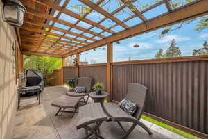 Fenced backyard with a pergola and a patio area