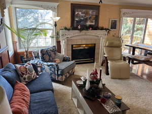 Living area featuring a fireplace, carpet flooring, and ornamental molding