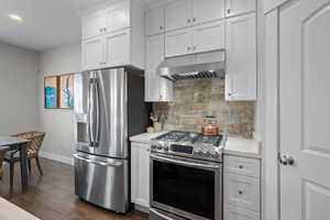 Professional grade stainless steel stove and hood, very rare that hood is vented to the exterior.