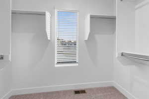 Walk in closet featuring light colored carpet