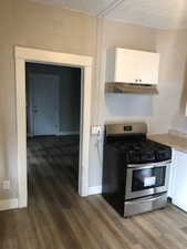 1 bedroom kitchen Kitchen with white cabinetry, stainless steel gas range oven, dark wood-style floors, and light countertops