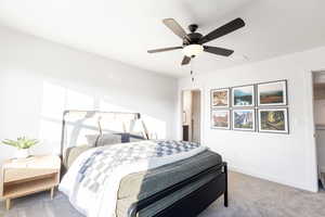 Bedroom featuring carpet, ceiling fan, and ensuite bathroom