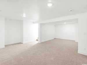 Finished below grade area featuring light colored carpet and a textured ceiling