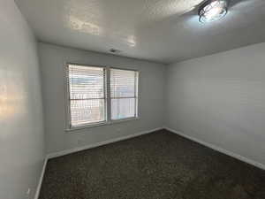 2nd Bedroom, neutral tone carpet & textured ceiling