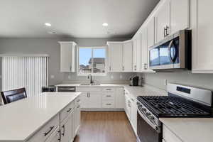 Kitchen featuring stainless steel appliances, white cabinetry, a kitchen island, light wood-style flooring, and recessed lighting