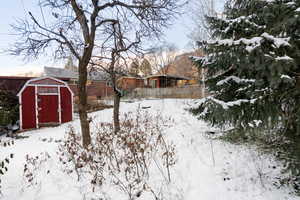 Yard covered in snow with a storage shed