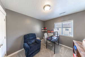 Office area featuring a textured ceiling and light carpet