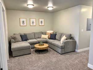 Carpeted living area with electric panel and a textured ceiling