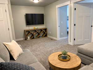 Carpeted living room with baseboards
