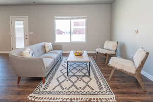 Living room featuring dark wood-style flooring