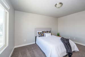 Bedroom featuring carpet flooring and a textured ceiling