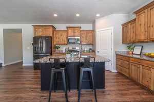 Kitchen featuring stainless steel appliances, dark stone counters, wood finish cabinets, an island with sink, and dark wood-type flooring