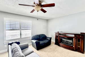 Living area featuring carpet flooring, a ceiling fan, and a textured ceiling