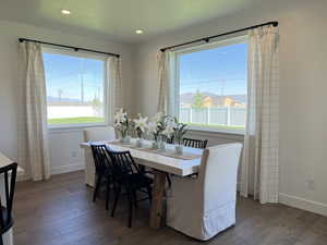 Dining room featuring dark wood-style flooring and recessed lighting