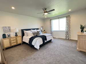 Bedroom featuring carpet flooring, recessed lighting, and ceiling fan