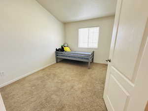 Bedroom featuring carpet flooring and a textured ceiling