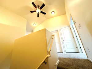 Staircase with carpet and a ceiling fan