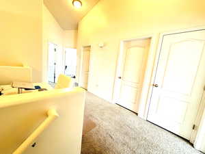 Hall featuring light colored carpet and lofted ceiling