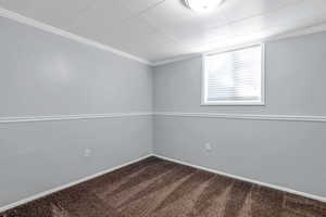 Empty room featuring crown molding and dark carpet