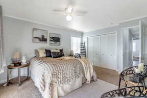 Bedroom featuring light carpet, a closet, ornamental molding, and a ceiling fan
