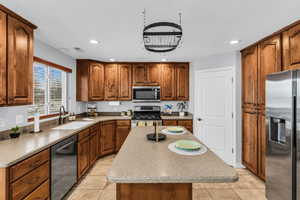 Kitchen with wood finish cabinetry, stainless steel appliances, a kitchen island, recessed lighting.