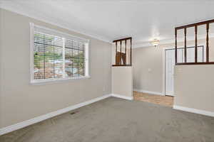 Unfurnished room featuring carpet flooring and crown molding
