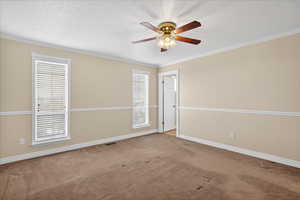 Spare room with carpet flooring, ceiling fan, a textured ceiling, and ornamental molding