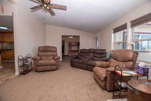 Carpeted living room with vaulted ceiling and ceiling fan