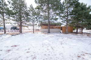 View of yard layered in snow