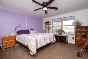 Bedroom with a textured ceiling, carpet, ceiling fan, and crown molding
