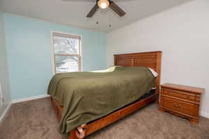 Carpeted bedroom featuring a textured ceiling, ceiling fan, and crown molding