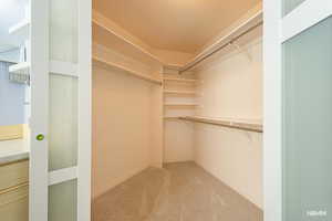Walk in closet featuring light colored carpet