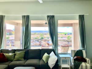 Living area with a ceiling fan