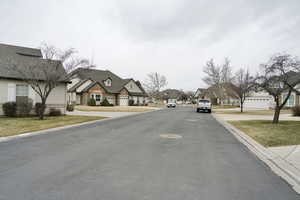 View of asphalt street with a residential view and curbs