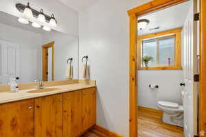 Bathroom featuring light wood-type flooring and vanity