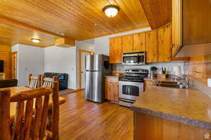 Kitchen featuring stainless steel appliances, wooden ceiling, open floor plan, wood finish cabinetry, and light wood-type flooring