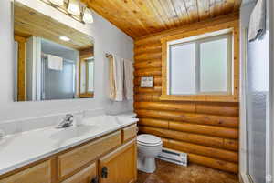 Full bathroom with curtained shower, log walls, vanity, a baseboard heating unit, and wooden ceiling