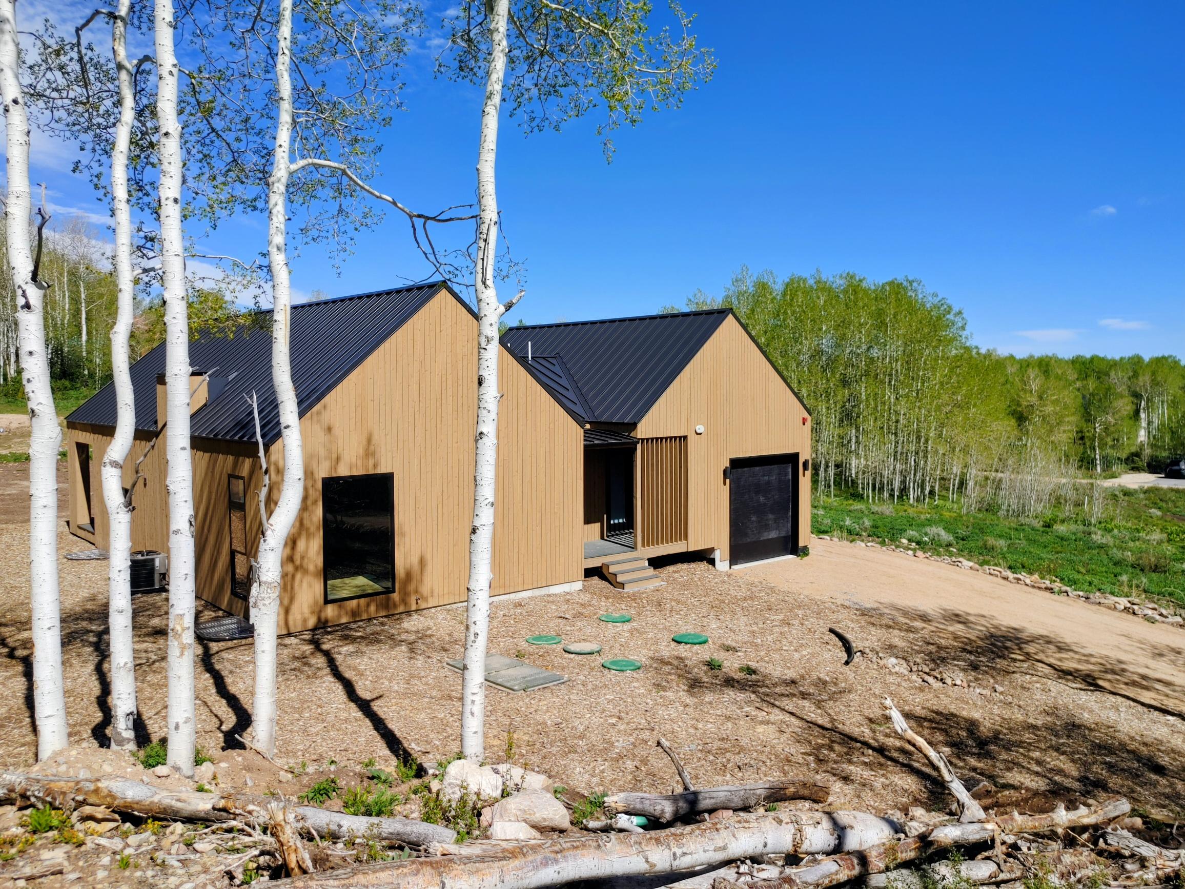 Contemporary exterior featuring vertical wood-finish siding and a dark metal roof