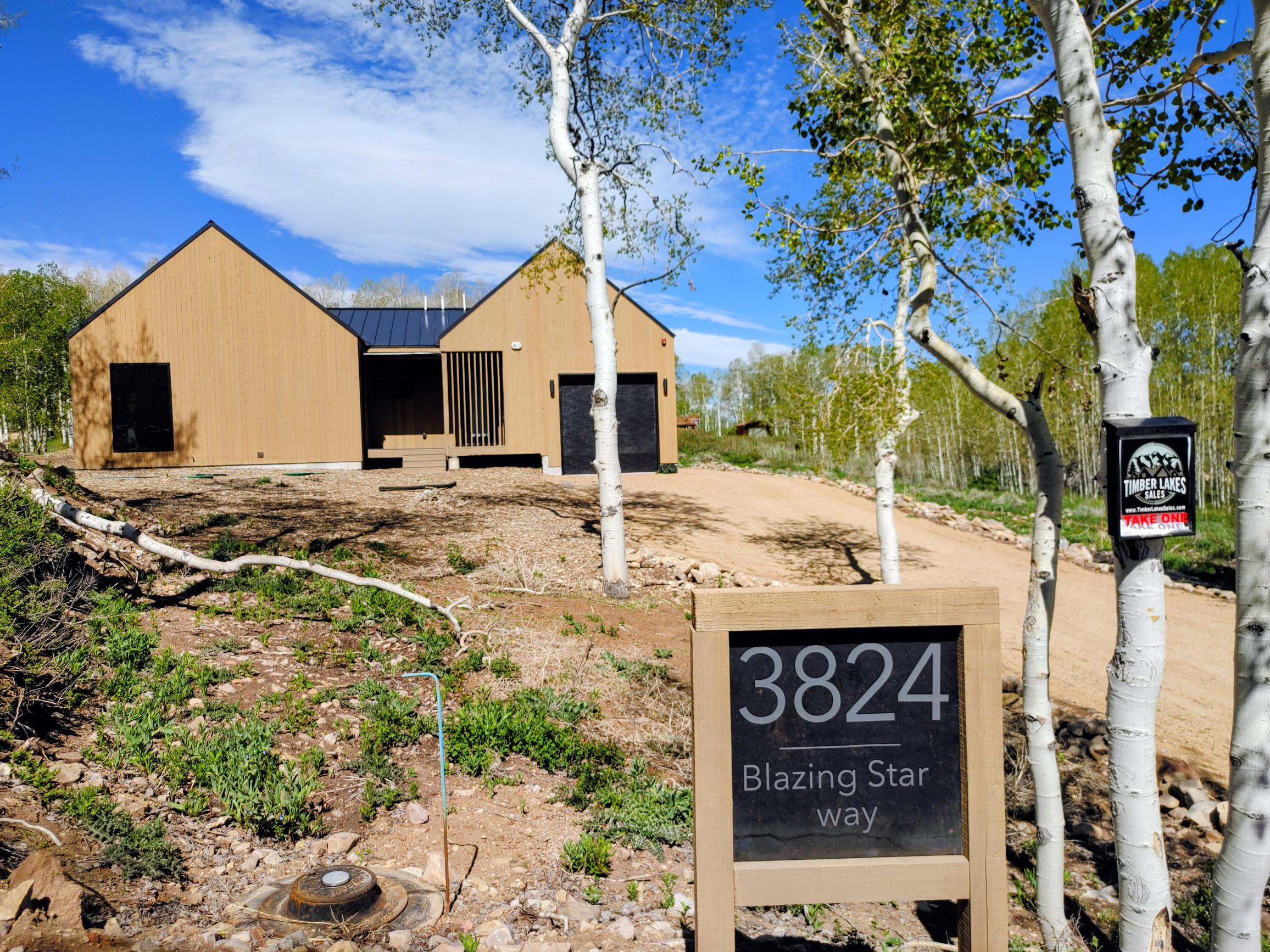 Contemporary home with a light wood-finish exterior, contrasting dark trim, and a dark metal roof