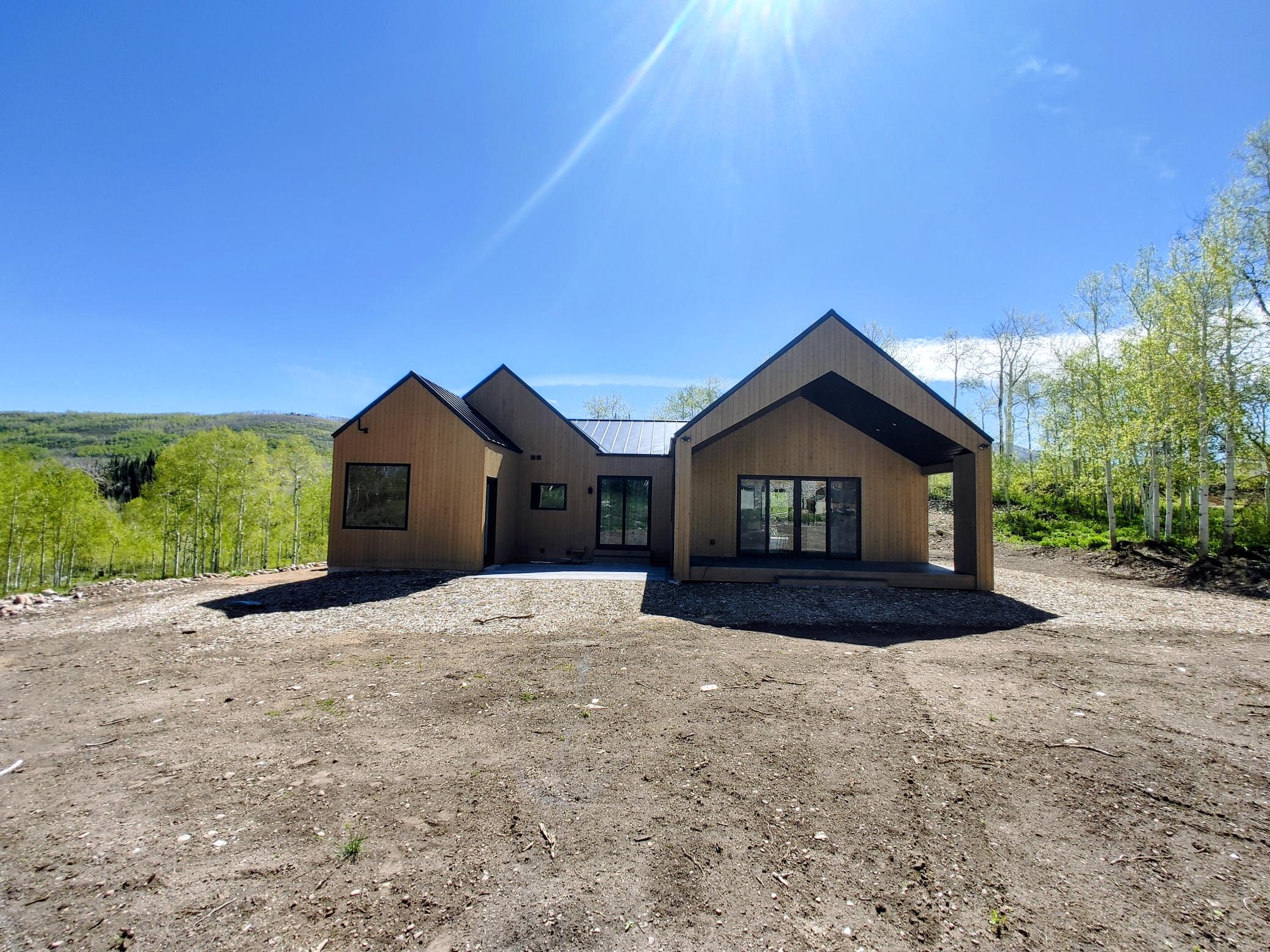 Modern facade with natural wood-tone siding and a distinct black metal roofline