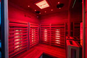 Relaxing sauna / steam room with wooden ceiling