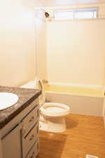Bathroom with vanity,  shower combination, light wood finished floors, and plenty of natural light