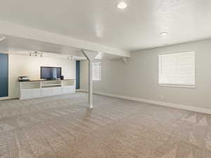 Unfurnished living room with a textured ceiling, light colored carpet, and wooden walls