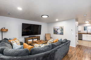Living room with wood finished floors, a textured ceiling, and recessed lighting