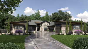 View of front of property with stone siding and a front yard