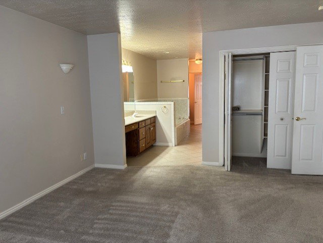 Bathroom featuring vanity, a bath, dark carpet, and a textured ceiling