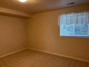 Empty room with a textured ceiling and carpet floors